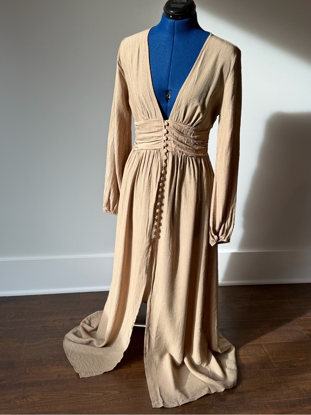 SHEIN Long Sleeve Plunge Maxi Dress in Khaki